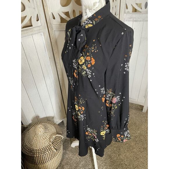 Loft Black Multicolored Floral Long Sleeve Bow Tie Neck Chiffon Dress Size 6 - Picture 3 of 8